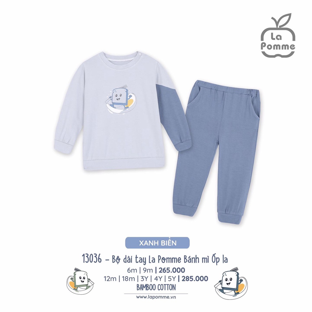 Bộ dài tay La Pomme Bamboo cao cấp mềm mịn thoáng mát thấm hút tốt in bánh mì ốp la tay phối cho bé trai bé gái 13036