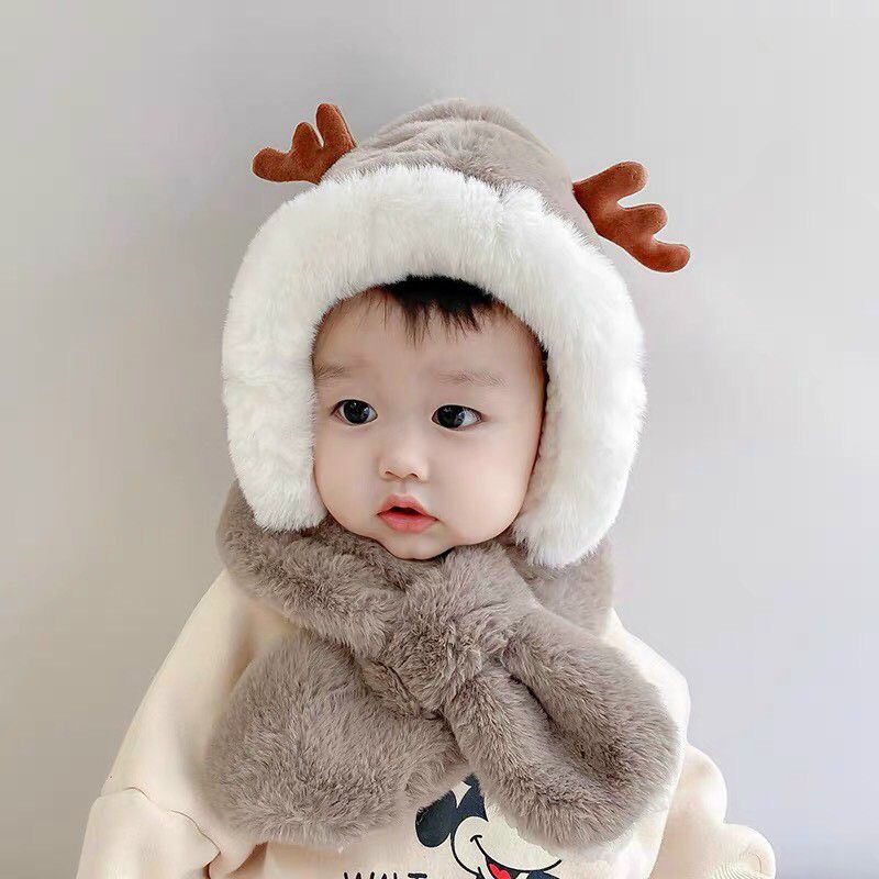 Mũ trẻ em mùa đông lót lông sừng hươu cute nón kèm khăn siêu ấm tai gấu thỏ cho bé