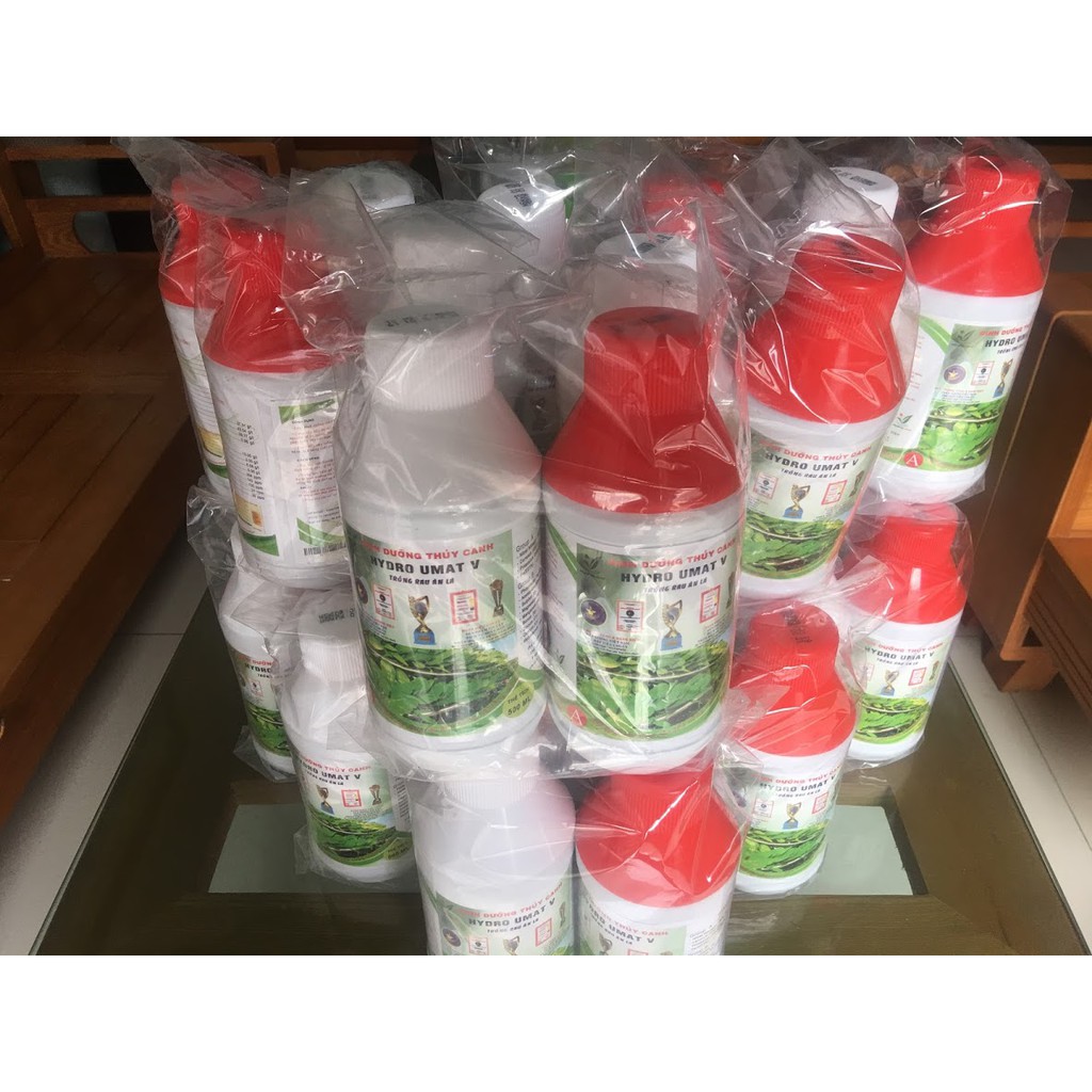 (Shop Mới) 2 cặp Dung Dịch Thủy Canh Hydroumat V Cho Rau Ăn Lá. Bộ 2 lit Gồm 4 Chai Mỗi Chai 500ml