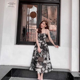 Váy 2 dây dáng xòe họa tiết loang màu đen