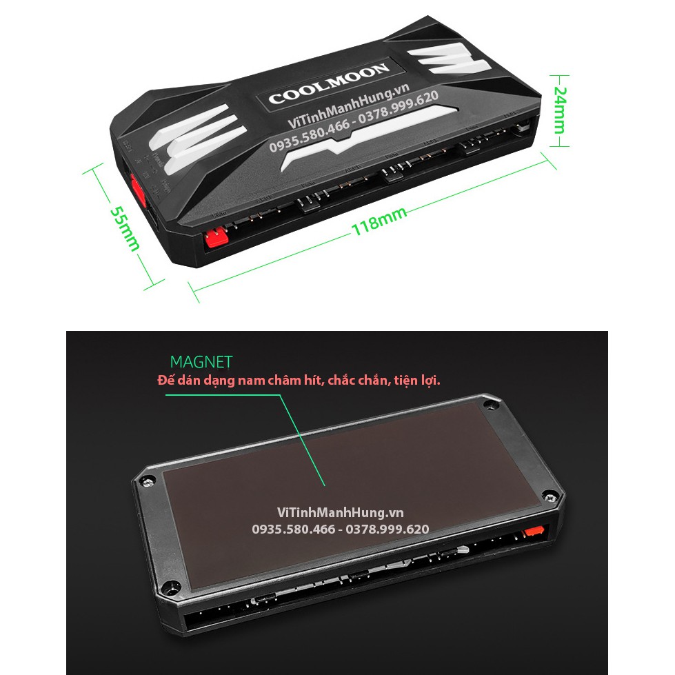 Hub CoolMoon P-ARGB v2, 8 cổng 4 pin PWM +  10 cổng Led 3 pin 5V-ARGB, đồng bộ Led Mainboard.