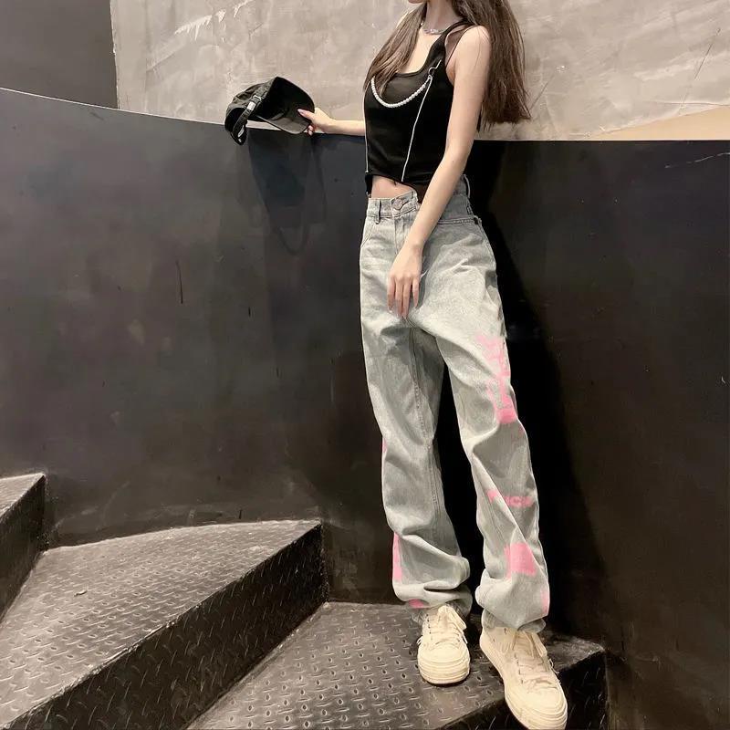 ✟✔Quần Jean Dáng Suông Ống Rộng In Họa Tiết Graffiti Phong Cách Đường Phố Cá Tính Cho Nữ