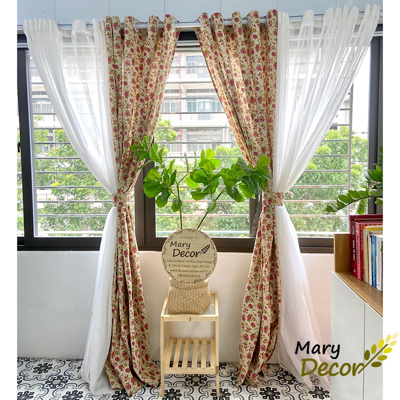 Rèm cửa sổ trang trí vải bố linen đẹp - họa tiết Hoa hồng nhí R-G04