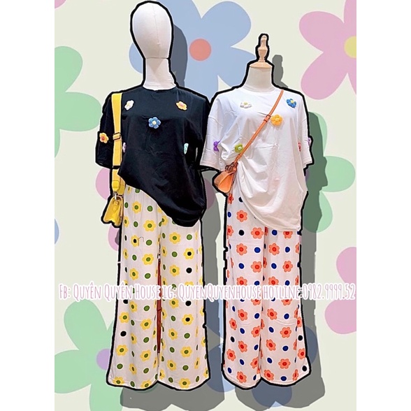 Set quần suông áo cotton đính hoa xinh xắn