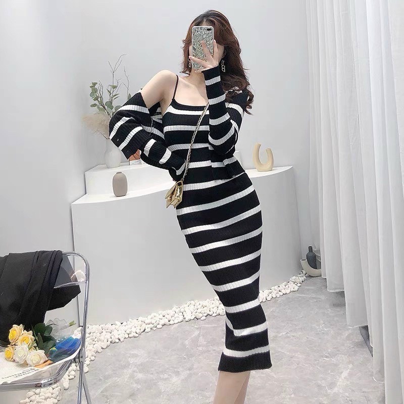 Set cardigan váy 2 dây body ôm dáng