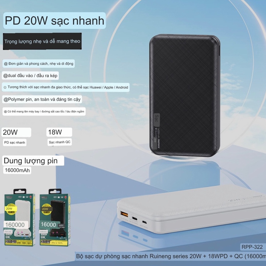 Pin sạc dự phòng tích điện hỗ trợ sạc nhanh Remax RPP 322 16000mAh PD 20W + QC 18W 2 Inputs, 2 Outputs