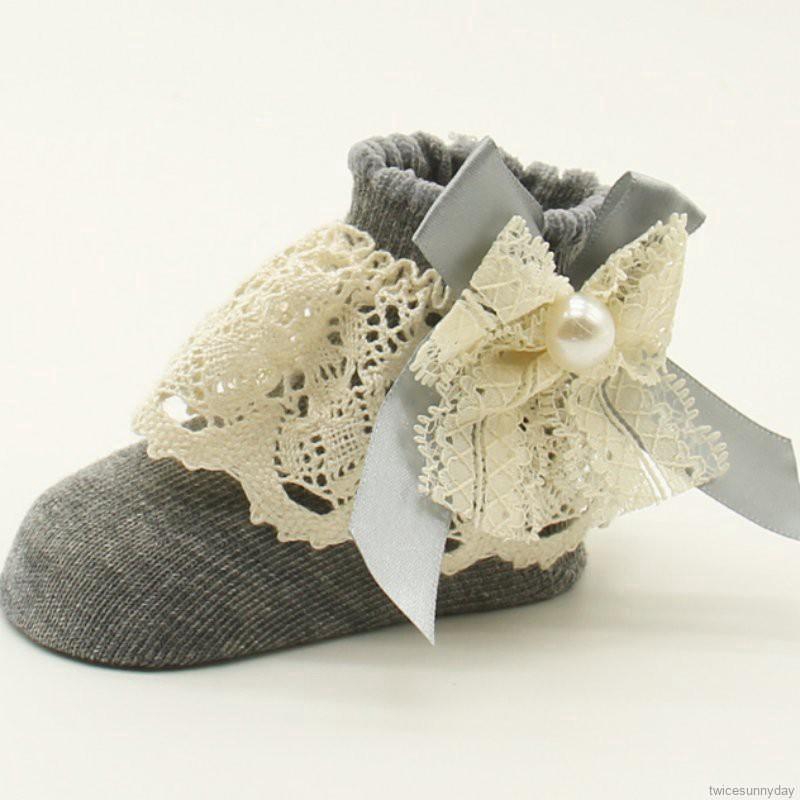 Vờ giày cotton mềm phối ren hoa đính nơ đáng yêu cho bé gái