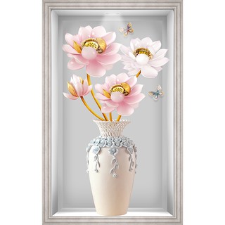 Tranh decal dán tường ô 3D Bình hoa Sen hồng tuyệt đẹp chất liệu PP kim sa LoHoaDon_029 nhiều kích thước