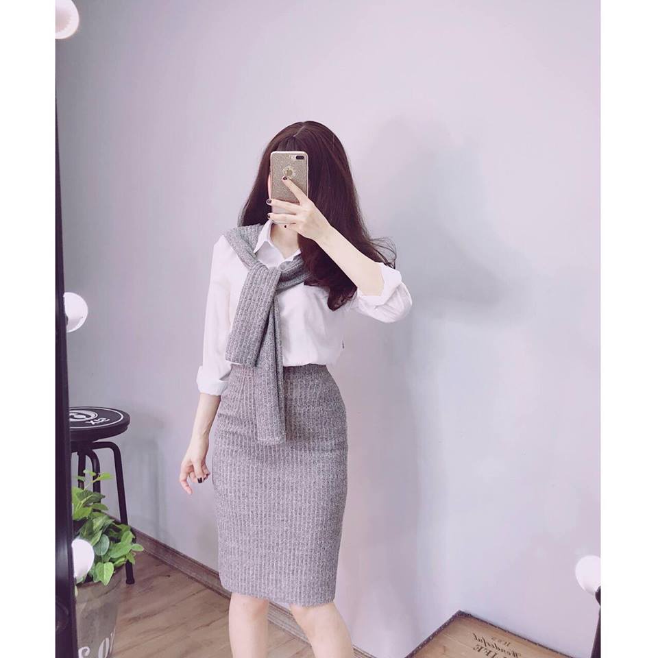 Set chân váy bút chì + Áo sơmi trắng phối khăn choàng cổ