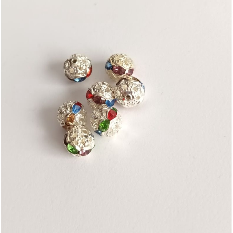 Quả cầu bạc 8li bụng đính đá pha lê ngũ sắc đẹp làm vòng