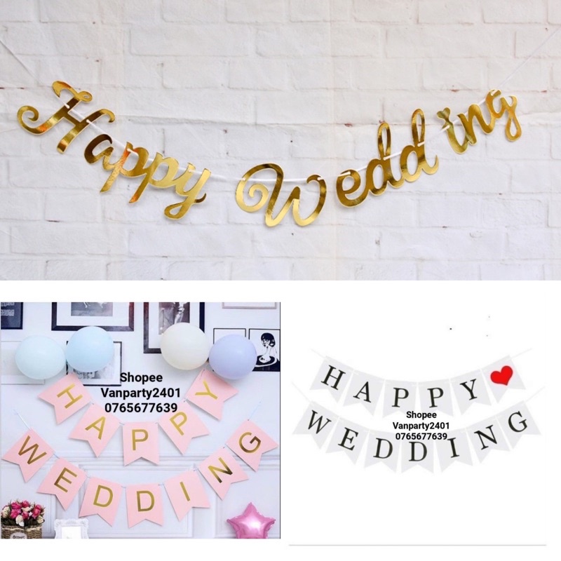 Dây chữ HAPPY WEDDING đuôi cá mẫu ép kim và ép kim nghiêng, trang trí tiệc cưới