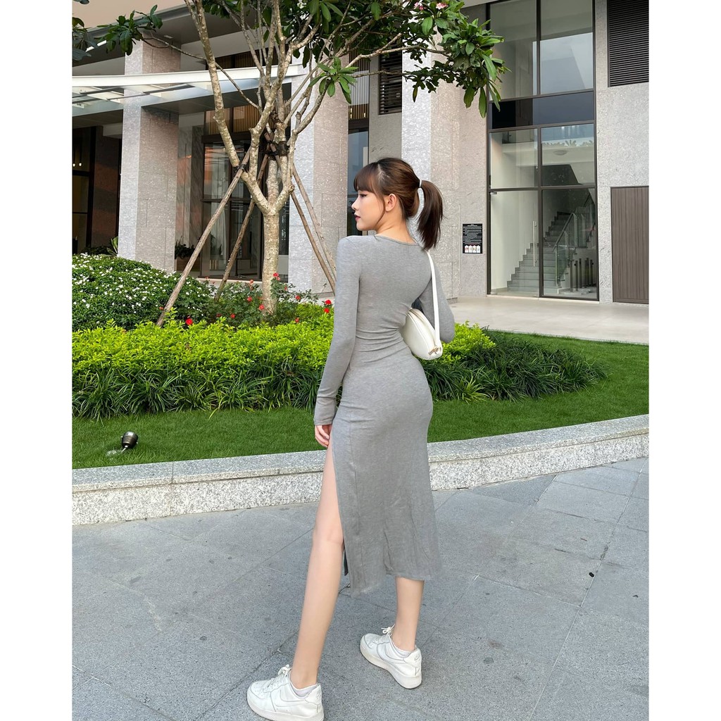 [Mã SKAMSALEP6 giảm 10% tối đa 100K đơn 150K] Váy body thun gân cổ tròn xẻ bên dáng dài AP2081 | BigBuy360 - bigbuy360.vn