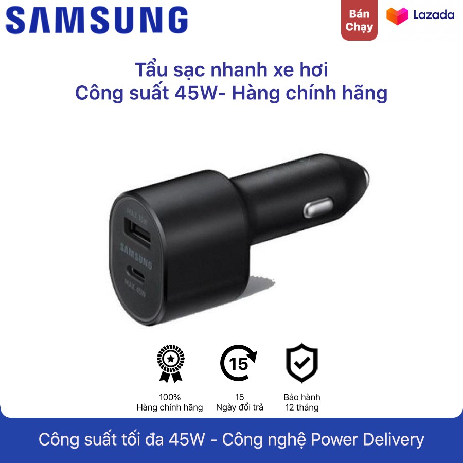 Tẩu Sạc Ô Tô Siêu Nhanh Samsung (45W+15W) - Hàng Chính