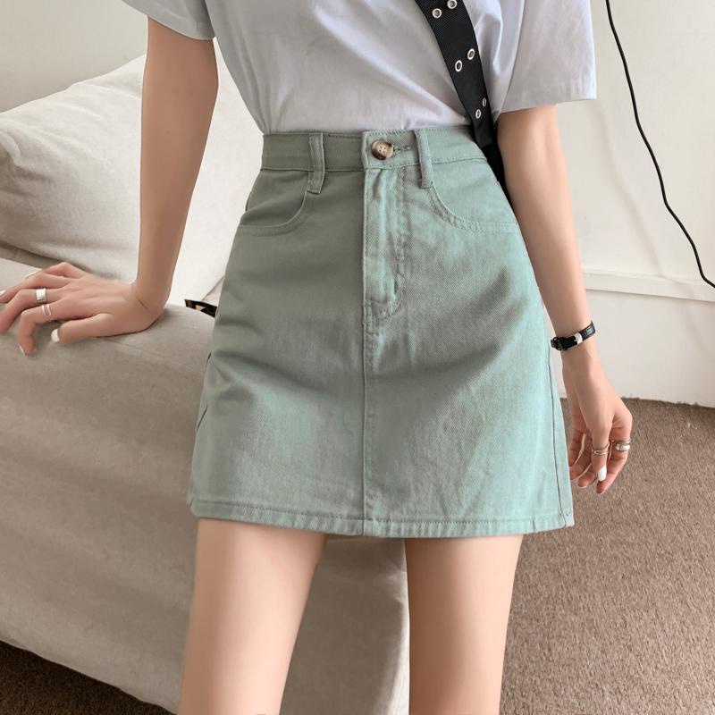 Porozi Chân váy jean lưng cao dáng chữ A phong cách retro Hàn Quốc