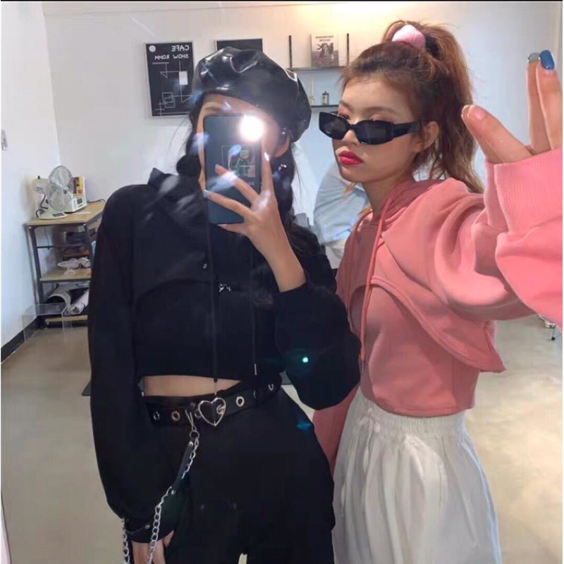 Set Áo Hoodie croptop Sporty kèm áo 2 dây trắng đen xám hồng