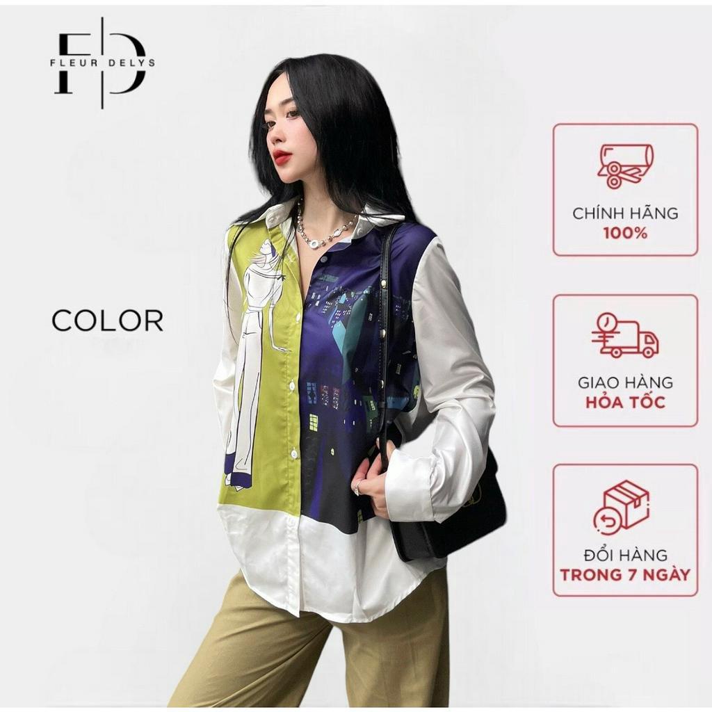 Áo sơ mi nữ Delys hoạ tiết cô gái nền phối trắng xanh lá dáng suông rộng thời trang