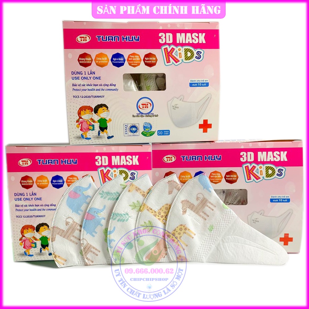[Hộp 50Cái] Khẩu trang y tế trẻ em 3d Mask Kids 4 lớp Tuấn Huy Masuji Monji Xuân lai. Kháng khuẩn 4D 5D 6D KF94 cho bé.