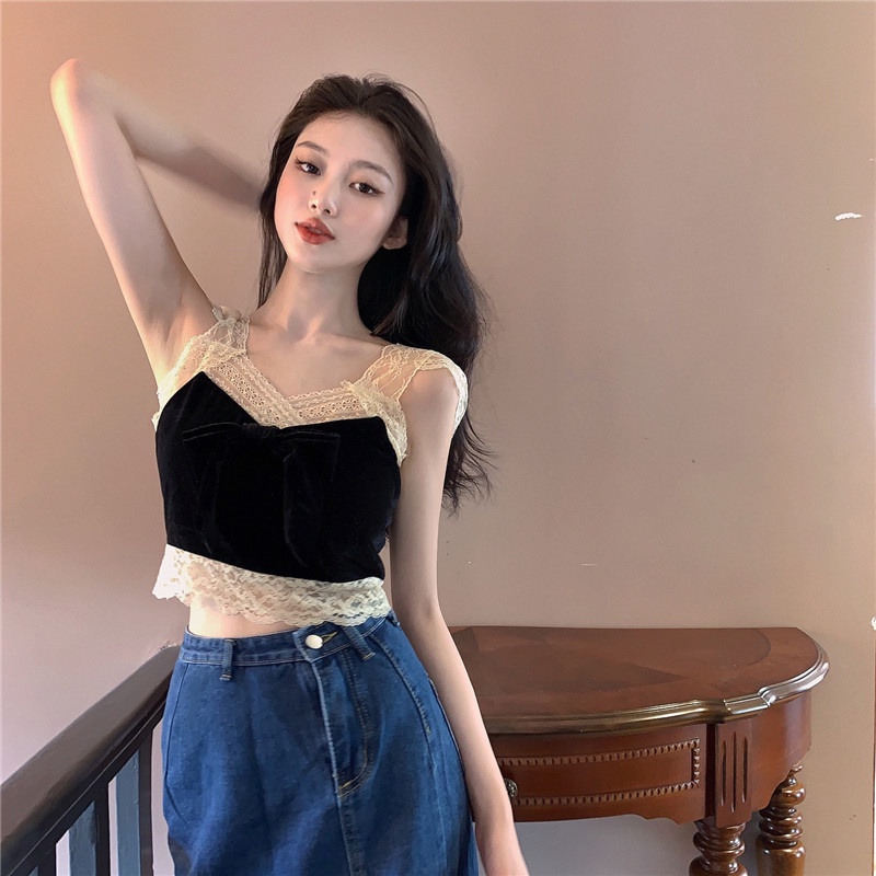 Áo Hai Dây Đính Nơ Phối Ren Quyến Rũ Thời Trang Mùa Hè Cho Nữ