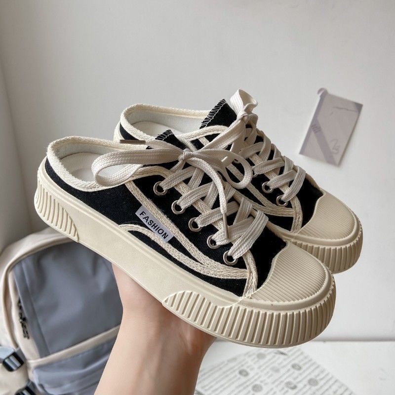 Giày Vải Canvas Đế Dày Nửa Ngón Màu Đen Thời Trang Xuân Hè Dễ Phối Đồ