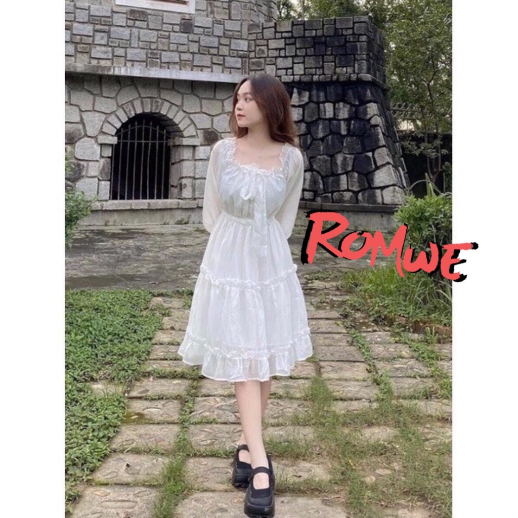 Váy nữ trễ vai romwe trắng kèm nơ tay dài bồng dáng ulzzang bánh bèo