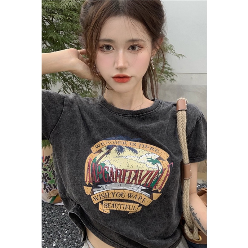 QKOOLE Áo thun nữ  ngắn tay cổ tròn thời trang Hàn Quốc