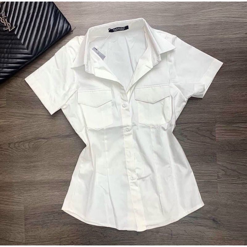 Áo Sơ mi Nữ Tay Ngắn Nữ Trắng Đen Túi Hộp Thời Trang