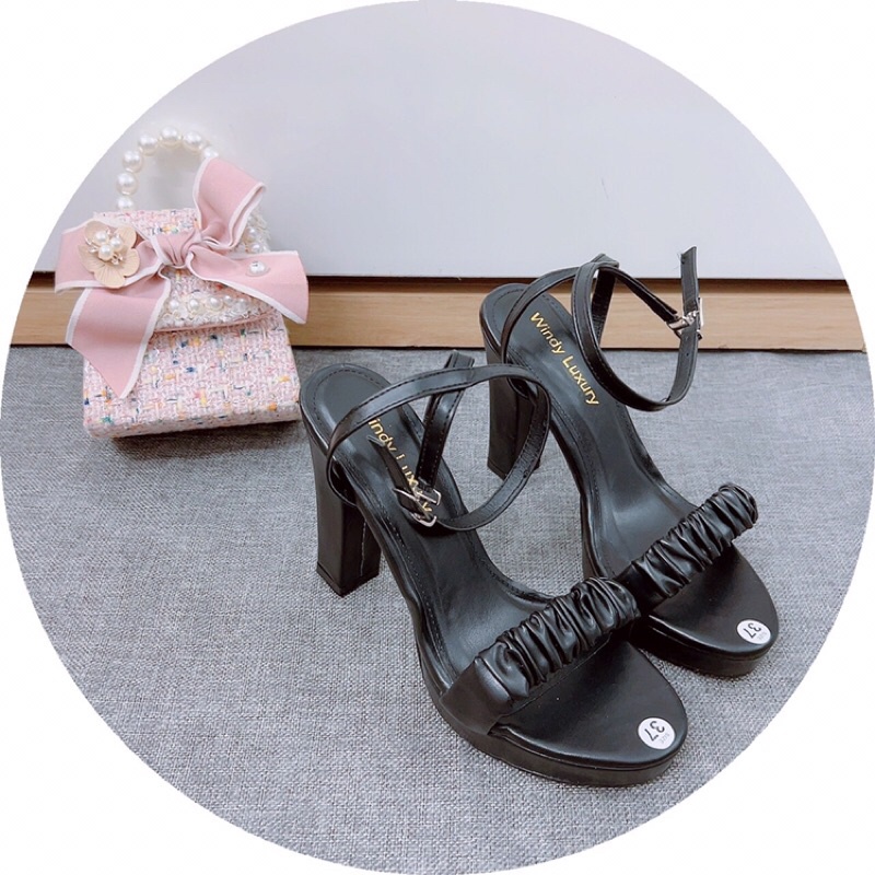 Giày cao gót- Giày sandal cao 12cm gót vuông mũi tròn quai nhún ngang da lì