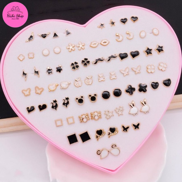 Set 36 đôi khuyên tai hộp trái tim, bông tai nhựa, hoa tai đính đá nhiều kiểu dáng