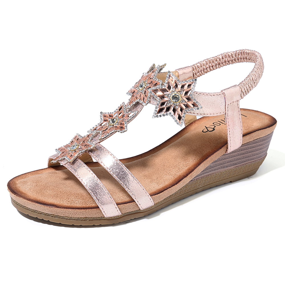 Giày sandal xỏ ngón đế xuồng phối quai họa tiết ngôi sao đính đá thời trang cho nữ