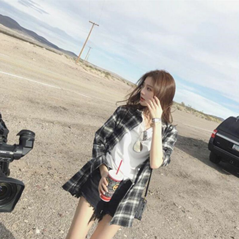 Áo Khoác Sơ Mi Nữ Tay Dài Sọc Caro Unisex Ulzzang