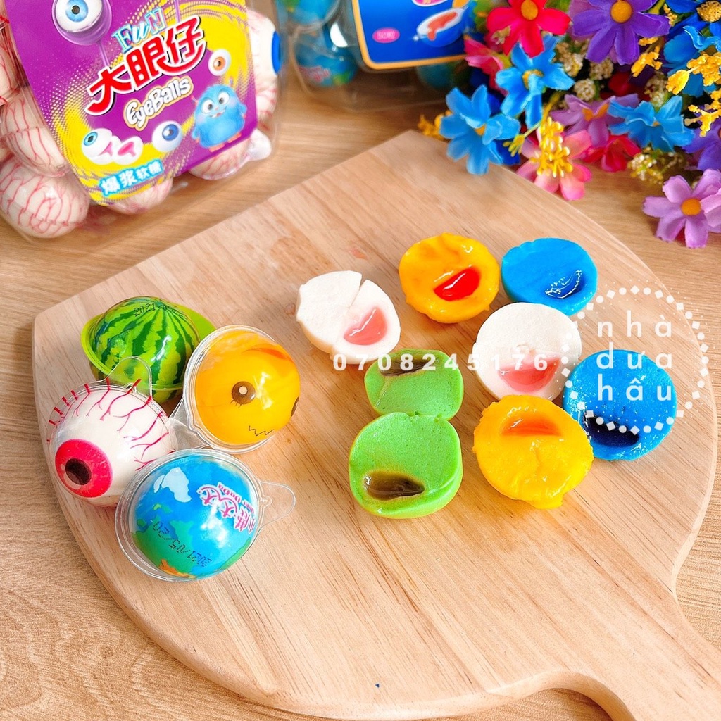 Combo 4 viên kẹo dẻo CÓ NHÂN SIRUP trái cây hình con mắt/ trái đất/ dưa hấu/ vịt vàng Hongkong viên lớn 18g | BigBuy360 - bigbuy360.vn