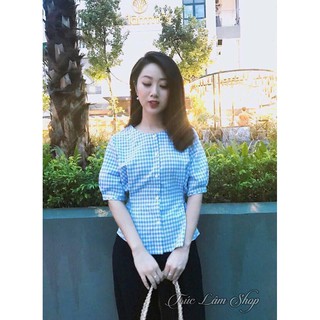 Set Áo Caro Tay Phồng Thắt Nơ Lưng Kèm Quần Suông Ống Rộng Trẻ Trung
