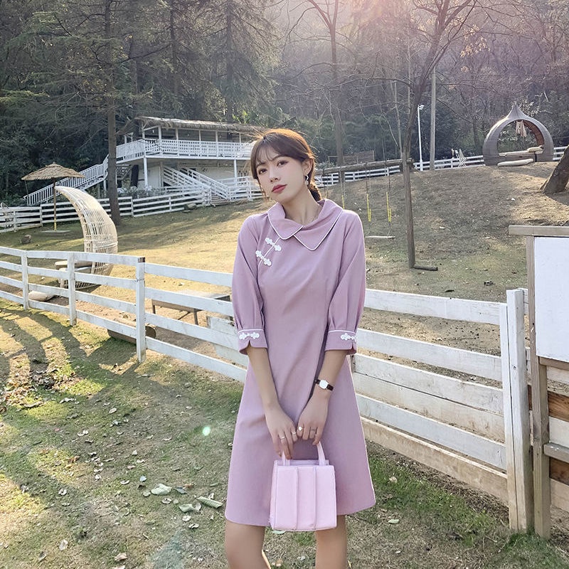 2022 Spring and Autumn New Cheongsam improved version of the small doll collar medium-long dress temperament waist shows a thin woman