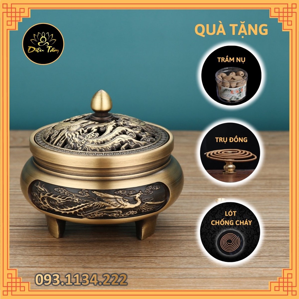 Lư đồng xông trầm đốt trầm thay cho lư điện - lư đốt trầm hương đồng nguyên khối tặng hồ lô đồng và lót chống cháy nhang