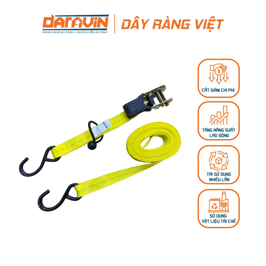 Dây Tăng Đơ Chằng Hàng DARAVIN Bản 25mm Tải 1 Tấn Móc S Với Chất Liệu 100% Polyester Siêu Bền