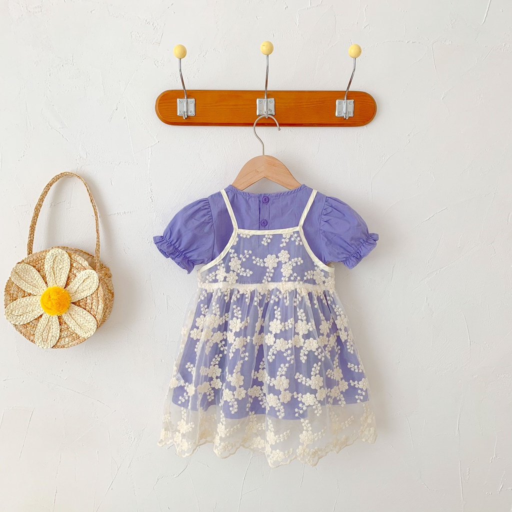 Bộ Đầm Liền Quần Tay Ngắn Màu Tím + Đầm Ren Thời Trang Mùa Hè Cho Bé Gái
