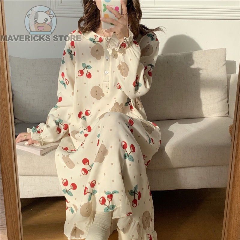 Đầm ngủ FDS dáng dài tay dài họa tiết cherry thời trang Hàn Quốc cho nữ