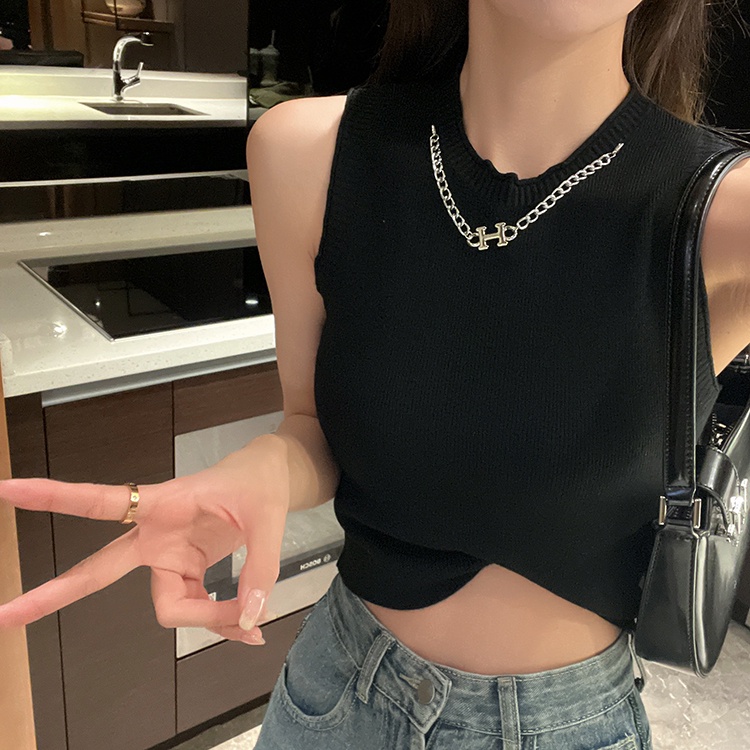 Áo dệt kim SUXI sát nách cổ tròn màu trơn phối dây xích dễ thương