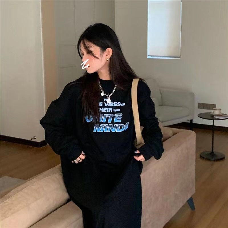 Đầm Nỉ Nữ Dài Tay Cổ Tròn Form Dài Rộng Thời Trang Hàn