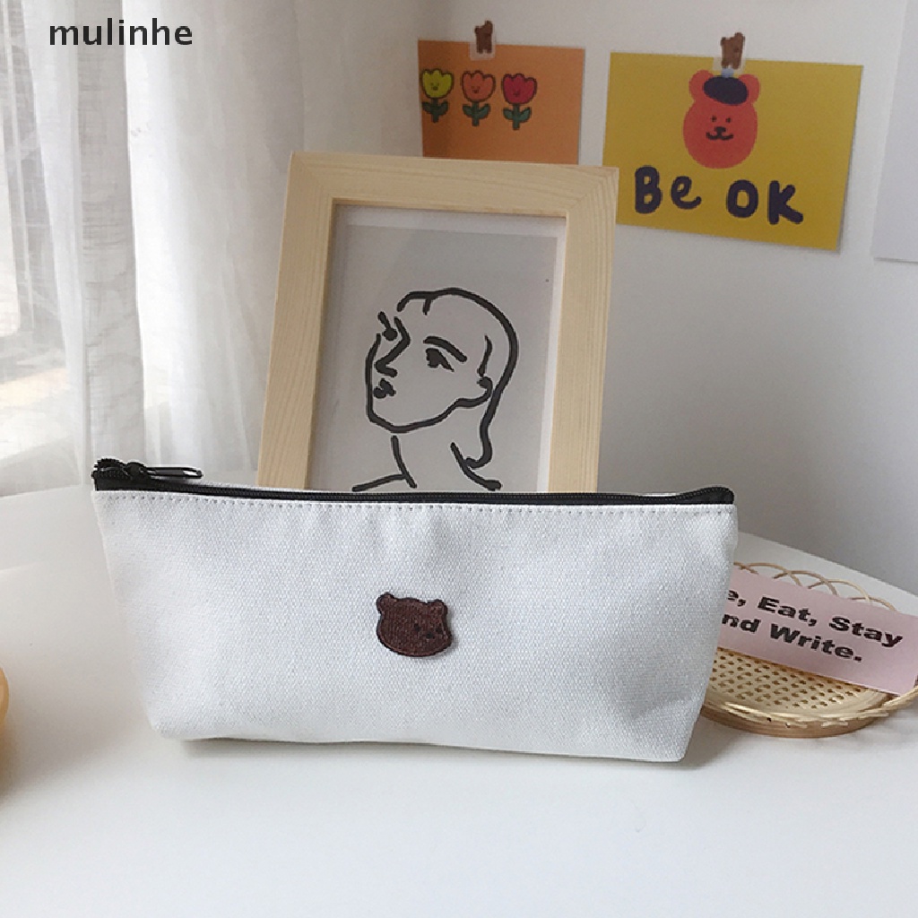 Túi Đựng Bút Vải Canvas Thêu Họa Tiết Xinh Xắn Kiểu Hàn Quốc