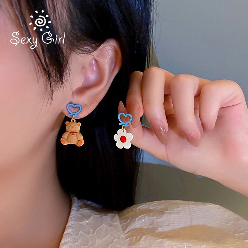 Bông tai mạ bạc 925 hình gấu và hoa đơn giản phong cách Hàn Quốc