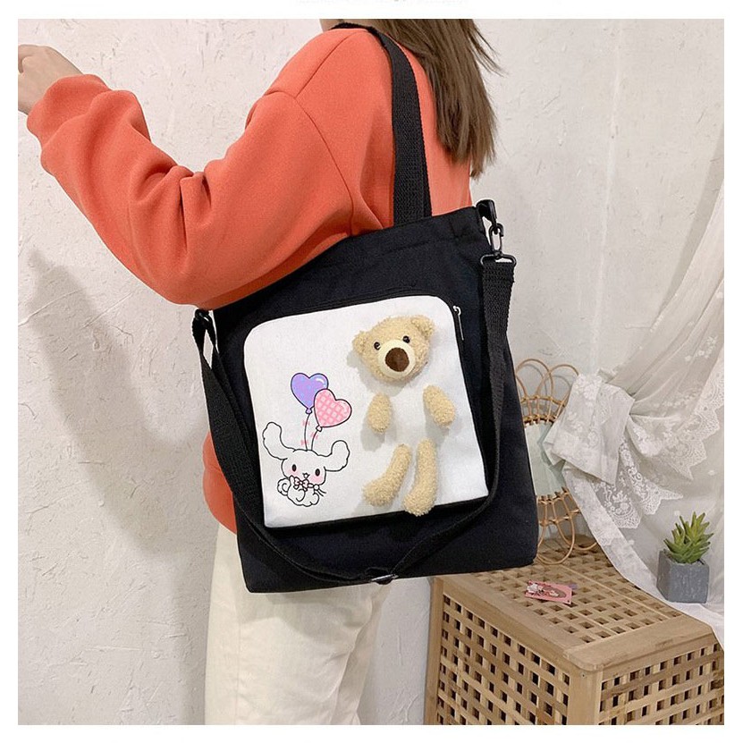 Túi Tote Vải canvas Gấu Dễ Thương Đẹp Siêu Hót 2 Ngăn Kéo Tiện Lợi HX0080