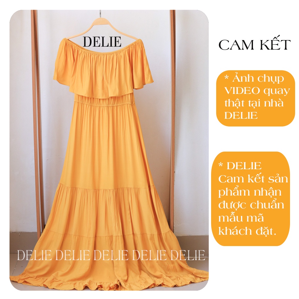 Đầm maxi vàng trễ vai DELIE váy đi biển kiểu pháp dáng dài mịn mát tôn dáng VK01