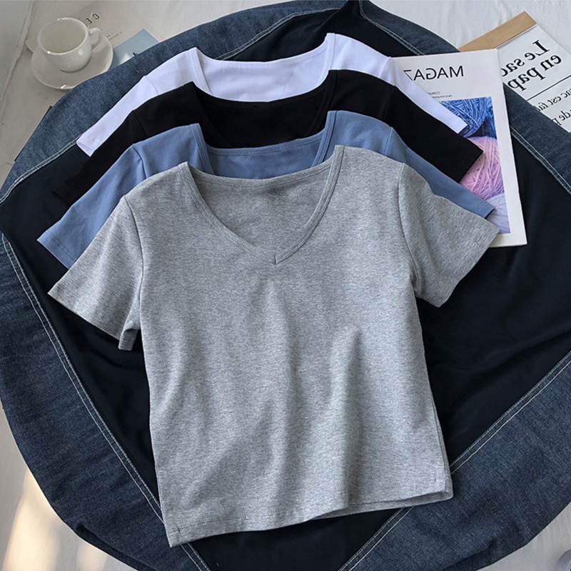 Áo Thun Croptop Tay Ngắn Cổ Chữ V Khoét Sâu Màu Trơn Đơn Giản Dành Cho Nữ
