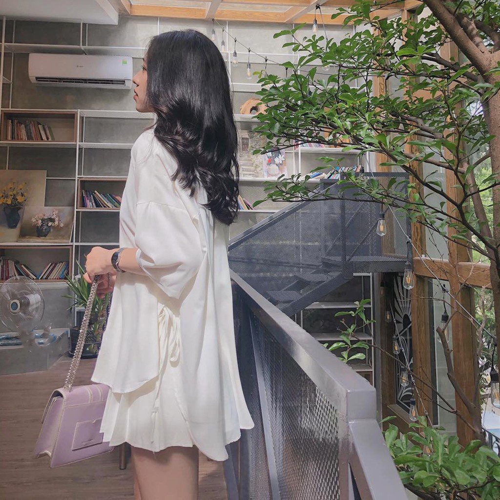 Áo sơ mi nữ phom rộng rút dây sườn hottrend phong cách vintage hàn quốc trẻ trung năng động chất đũi mát