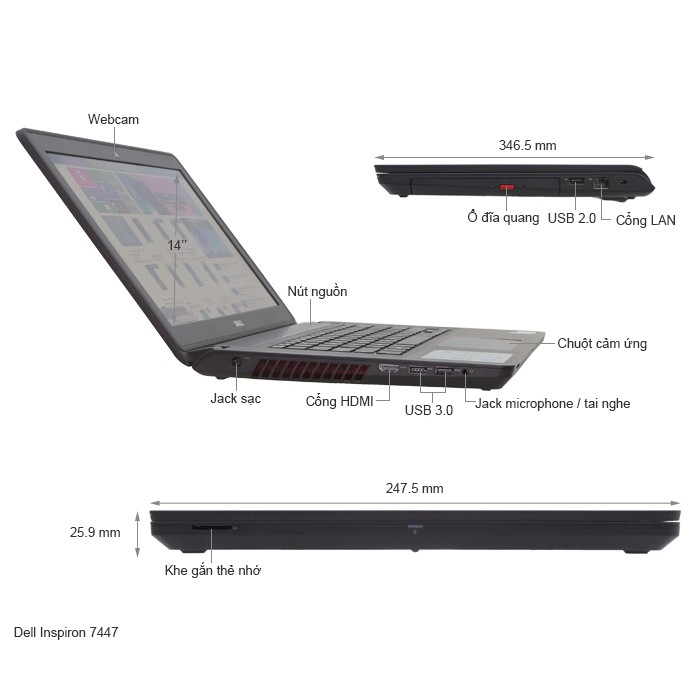 Laptop cũ Gaming Dell Inspiron 7447 Core i5, ram 8gb, ổ ssd 120g  cạc rời 4gb