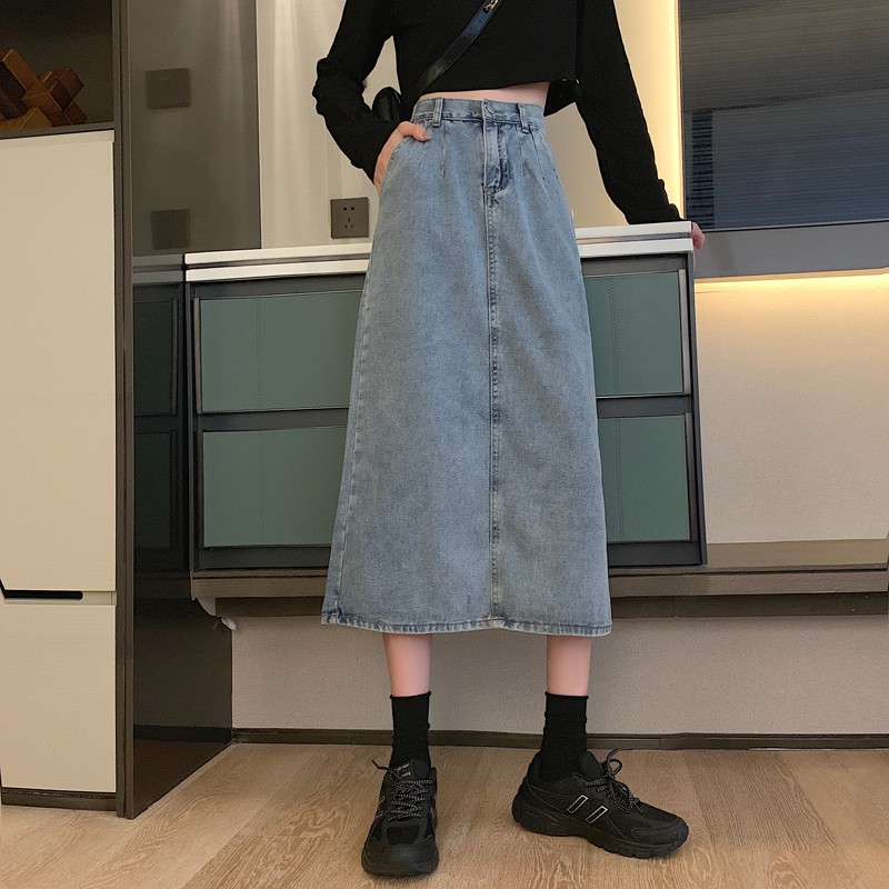 Chân Váy Denim Lưng Cao Xẻ Tà Phong Cách Vintage | BigBuy360 - bigbuy360.vn
