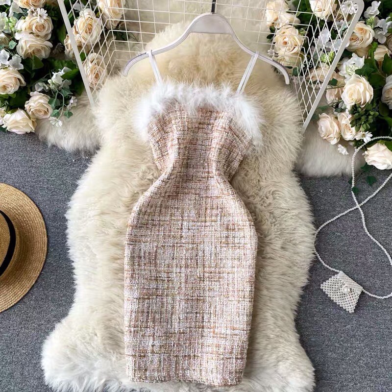Sét dạ Tweed áo khoác tay dài kèm đầm 2 dây phối lông nữ tính- FREESHIP