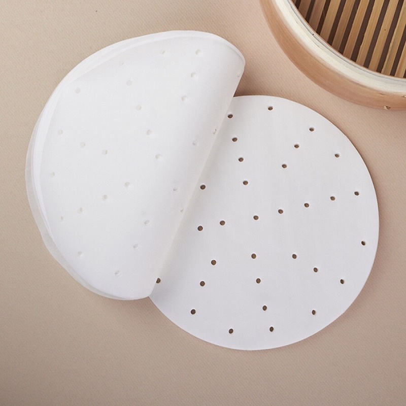 Set 100 Giấy Nến Tròn Đục Lỗ Lót Xửng Hấp, Nồi Chiên Không Dầu, Hấp Bánh Bao