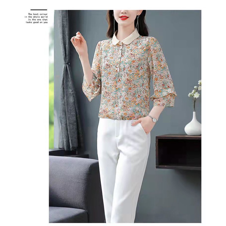 Áo Sơ Mi Chiffon Tay Lửng Cổ Bẻ In Họa Tiết Hoa Phong Cách Phương Tây Thời Trang Mùa Hè Dành Cho Nữ